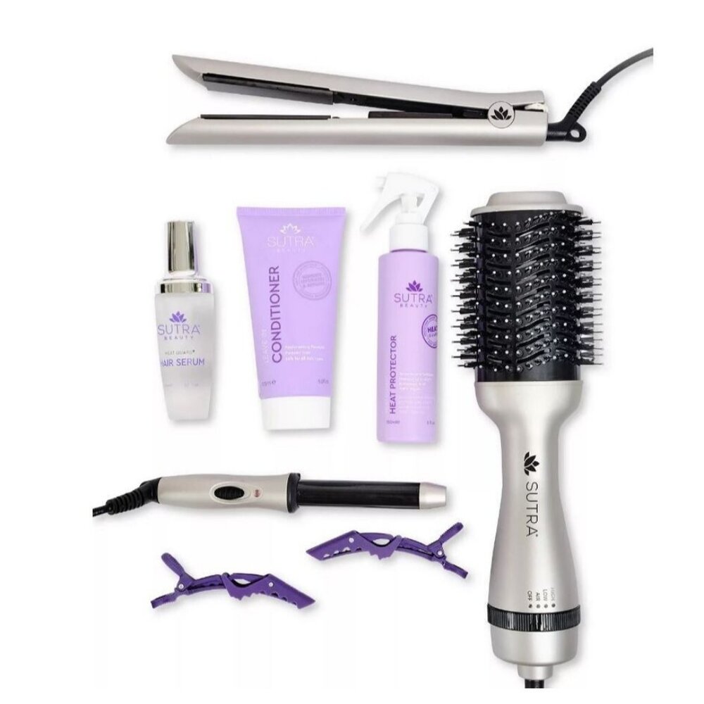 SUTRA BEAUTY 9PC blowout bundle: brush, flat iron, wand, serum, conditioner+more